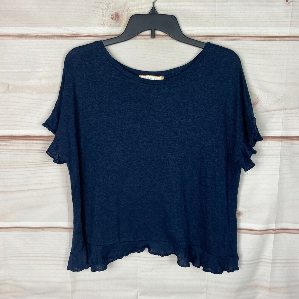 Eri + Ali Top Womens S Blue Linen T-Shirt Scoop Neck Ruffle Sleeve Split Back